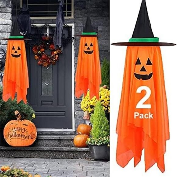 Halloween Decor, 2 Pack Orange Pumpkin Wizard Hat Pre-Installed Pumpkin Ghost - Picture 1 of 8